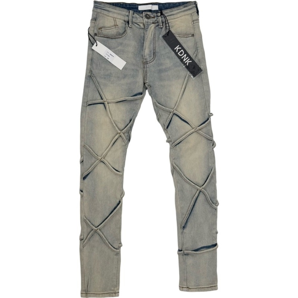 KDNK NEW 28 Skinny Jeans Blue Criss Cross Overlay KND4618 Streetwear Moto Edgy